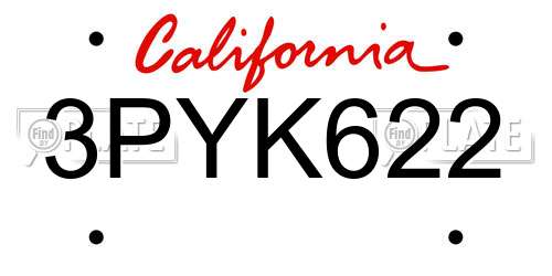 3PYK622 California License Plate
