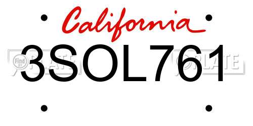 3SOL761 California License Plate