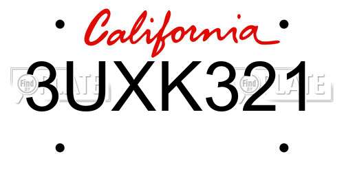 3UXK321 California License Plate