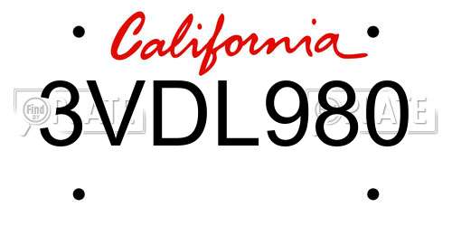 3VDL980 California License Plate