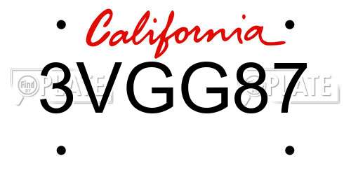 3VGG87 California License Plate