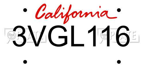 3VGL116 California License Plate