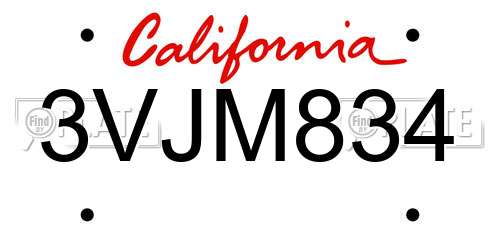 3VJM834 California License Plate
