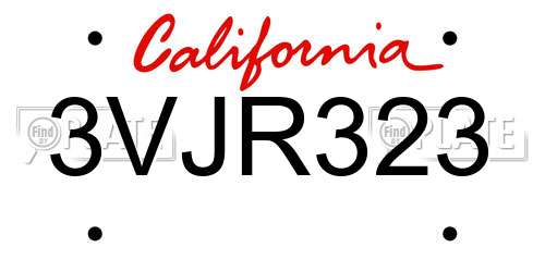 3VJR323 California License Plate