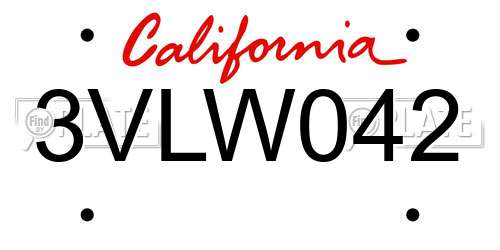 3VLW042 California License Plate