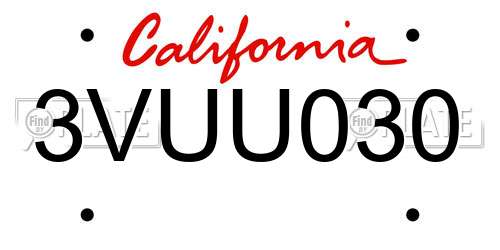 3VUU030 California License Plate