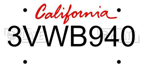 3VWB940 California License Plate