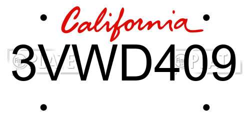 3VWD409 California License Plate