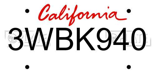 3WBK940 California License Plate