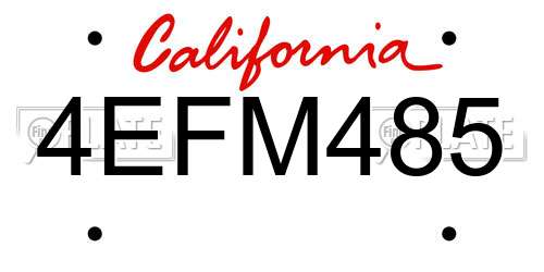 4EFM485 California License Plate