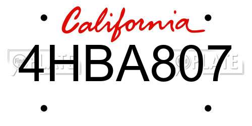 4HBA807 California License Plate