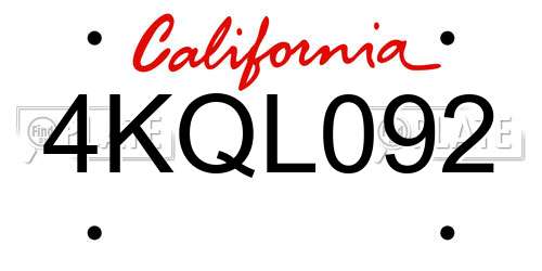 4KQL092 California License Plate