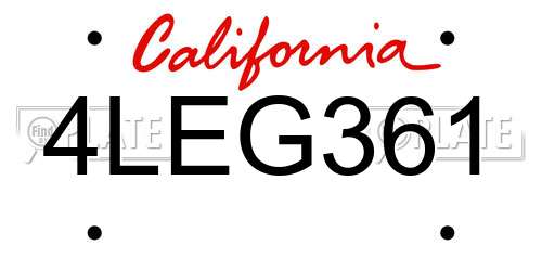 4LEG361 California License Plate