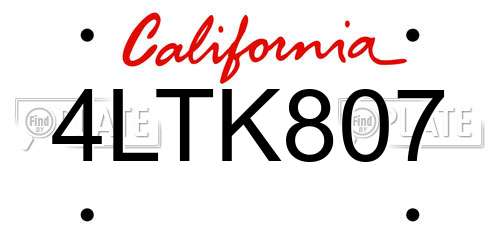 4LTK807 California License Plate