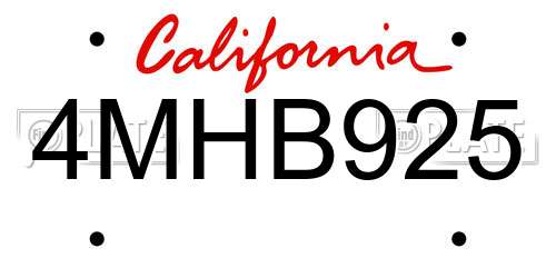 4MHB925 California License Plate
