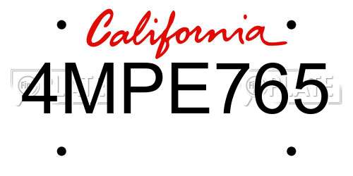 4MPE765 California License Plate
