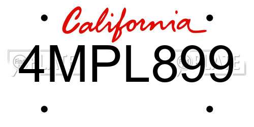 4MPL899 California License Plate