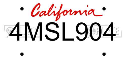 4MSL904 California License Plate