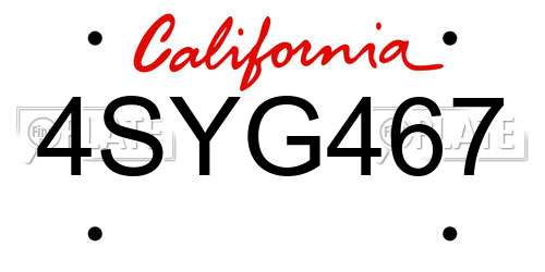 4SYG467 California License Plate