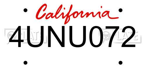 4UNU072 California License Plate