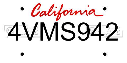4VMS942 California License Plate