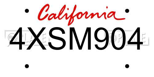 4XSM904 California License Plate
