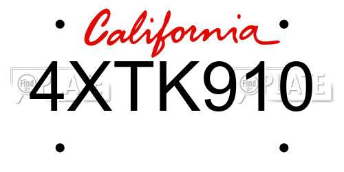 4XTK910 California License Plate