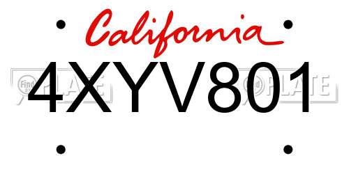4XYV801 California License Plate