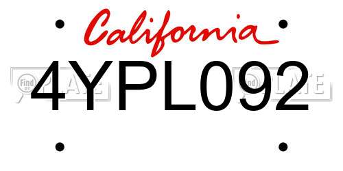 4YPL092 California License Plate
