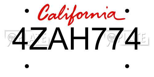 4ZAH774 California License Plate