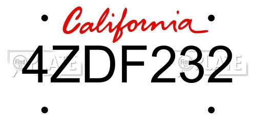 4ZDF232 California License Plate