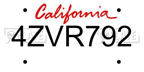 4ZVR792 California License Plate