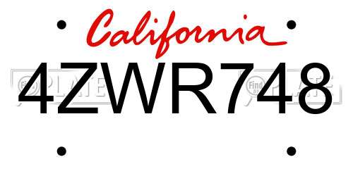 4ZWR748 California License Plate