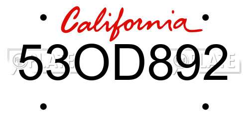 53OD892 California License Plate