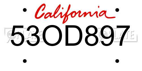 53OD897 California License Plate
