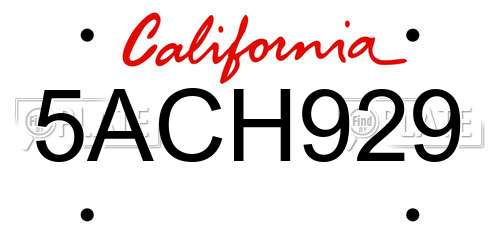 5ACH929 California License Plate