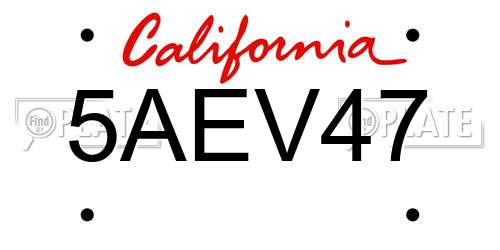 5AEV47 California License Plate