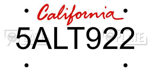 5ALT922 California License Plate