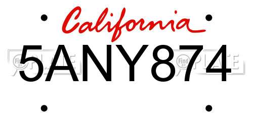 5ANY874 California License Plate