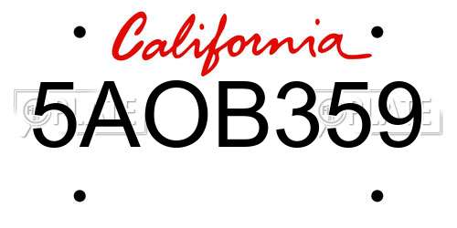 5AOB359 California License Plate