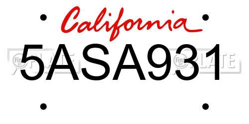 5ASA931 California License Plate