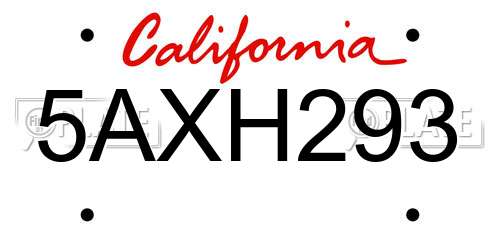 5AXH293 California License Plate
