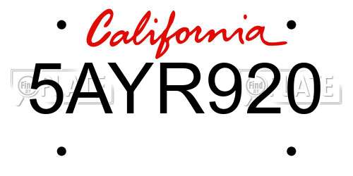 5AYR920 California License Plate