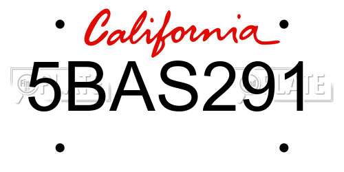 5BAS291 California License Plate