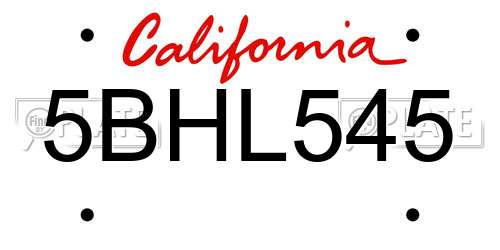 5BHL545 California License Plate