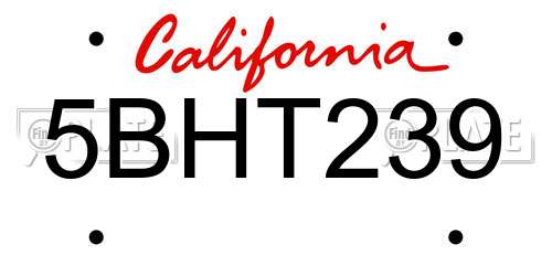 5BHT239 California License Plate