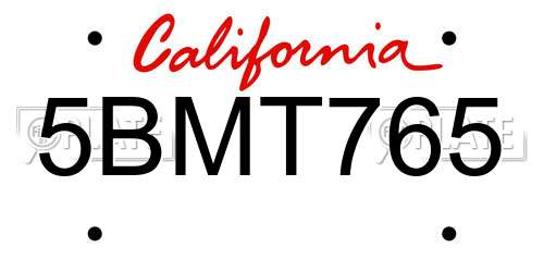 5BMT765 California License Plate