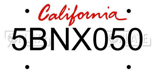 5BNX050 California License Plate