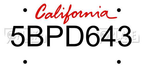 5BPD643 California License Plate
