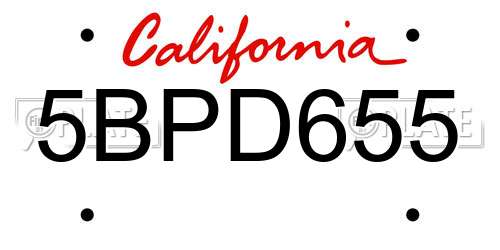 5BPD655 California License Plate